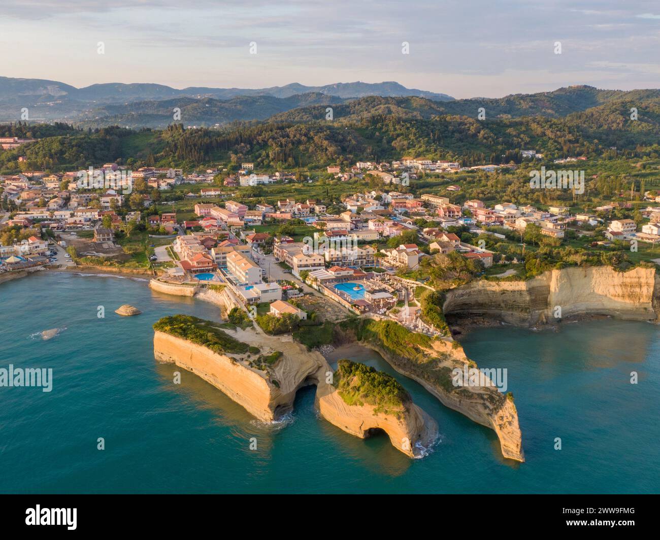 Aerial view of the cliffs near Sidari coastal town on the island of ...