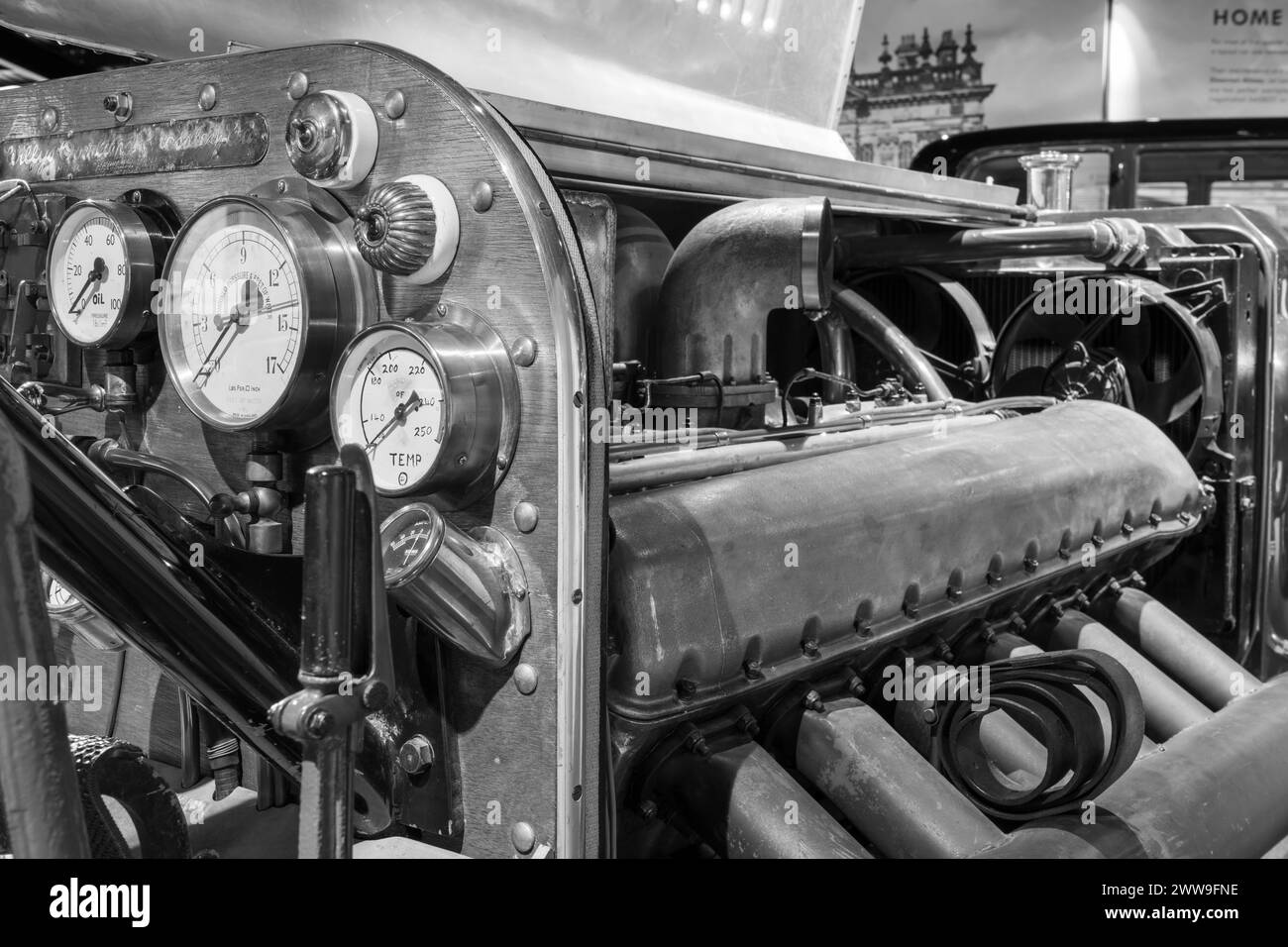 Sparkford.Somerset.United Kingdom.January 7th 2024.Close up of the dashboard and the 27 litre Rolls Royce engine on the  2001 Manchester Special at th Stock Photo