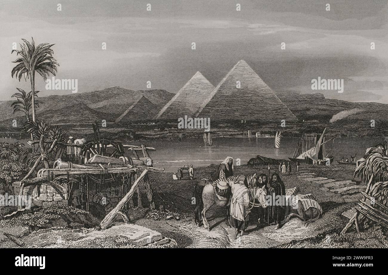 Egypt. Pyramids from the banks of the Nile. Site were the ancient city of Memphis stood. Engraving by Emile Rouargue. 'La Tierra Santa y los lugares recorridos por los profetas, por los apóstoles y por los cruzados' (The Holy Land and the sites traversed by the prophets, by the apostles and by the crusaders). Published in Barcelona by the printing house of Joaquin Verdaguer, 1840. Stock Photo