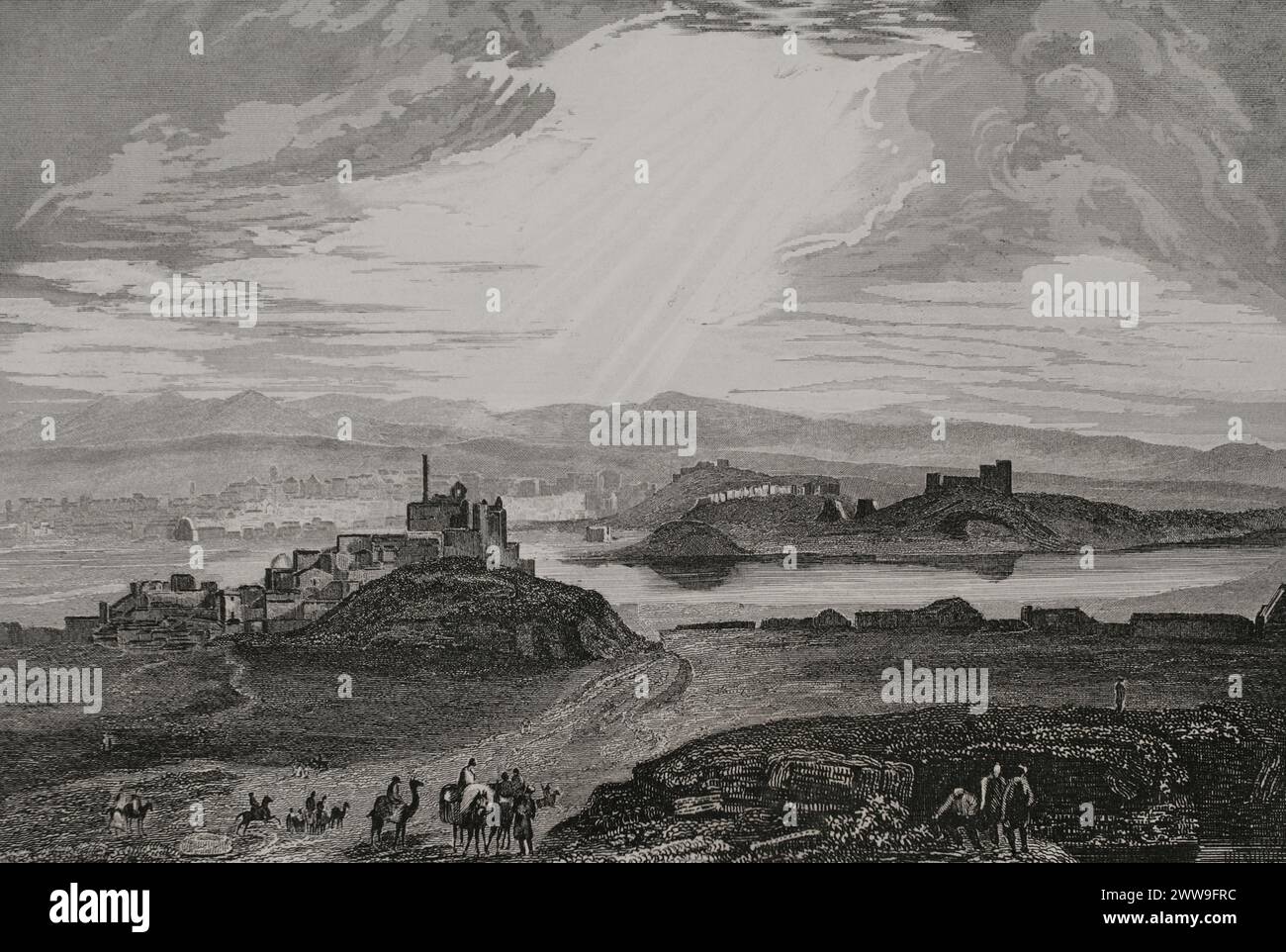 Ancient Mesopotamia. Nineveh (near the present-day Mosul, Iraq). Panoramic view of the city alongside the Tigris River. Engraving by Aubert. 'La Tierra Santa y los lugares recorridos por los profetas, por los apóstoles y por los cruzados' (The Holy Land and the sites traversed by the prophets, by the apostles and by the crusaders). Published in Barcelona by the printing house of Joaquin Verdaguer, 1840. Stock Photo