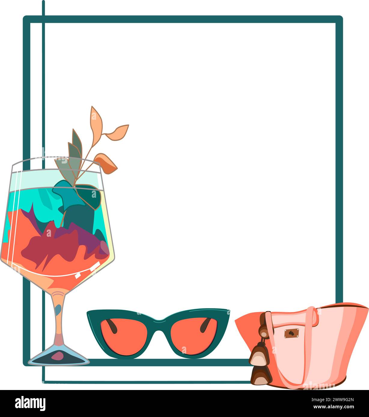 Summer frame with cocktail, and travel accessories vector illustration ...