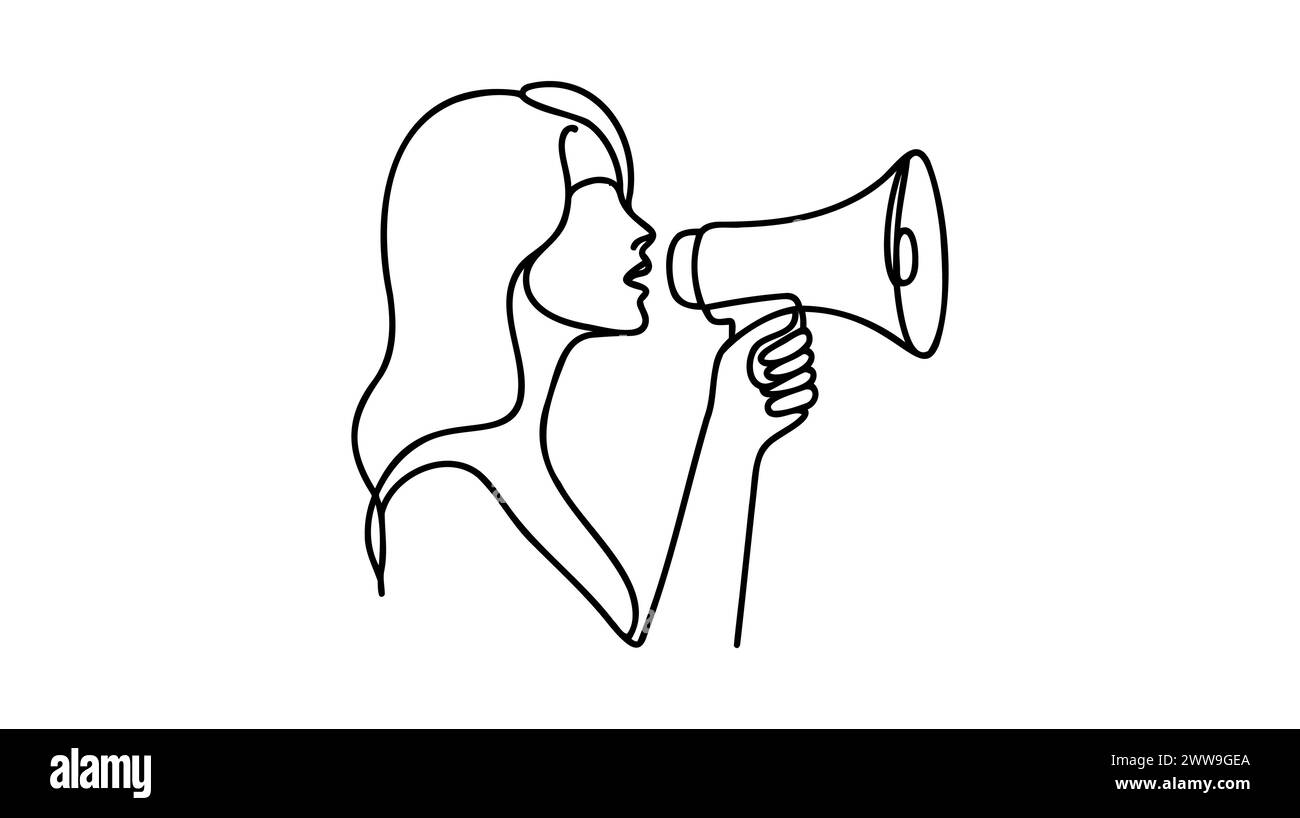 One continuous single drawn line art doodle megaphone, woman, people ...