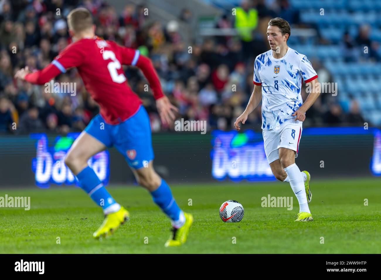 Oslo, Norway 22 March 2024,   Sander Berge of Norway and Burnley fc keeps possession of the ball during the football friendly match between Norway and the Czech Republic held at the Ullevaal Stadium in Oslo, Norway Credit: Nigel Waldron/Alamy Live News Stock Photo