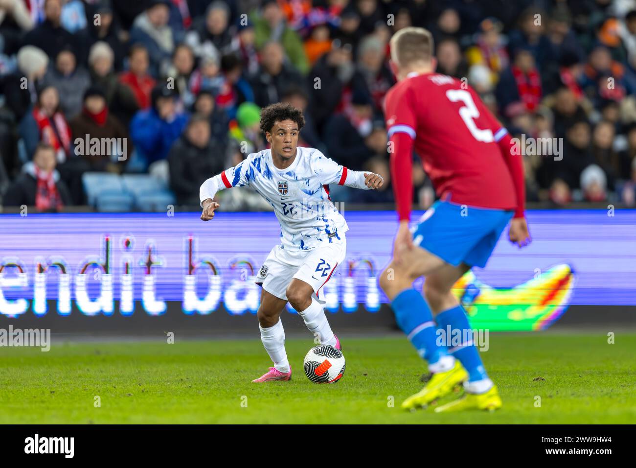 Oslo, Norway 22 March 2024,  Oscar Bobb of Norway and Manchester City manoeuvres the ball during the football friendly match between Norway and the Czech Republic held at the Ullevaal Stadium in Oslo, Norway Credit: Nigel Waldron/Alamy Live News Stock Photo