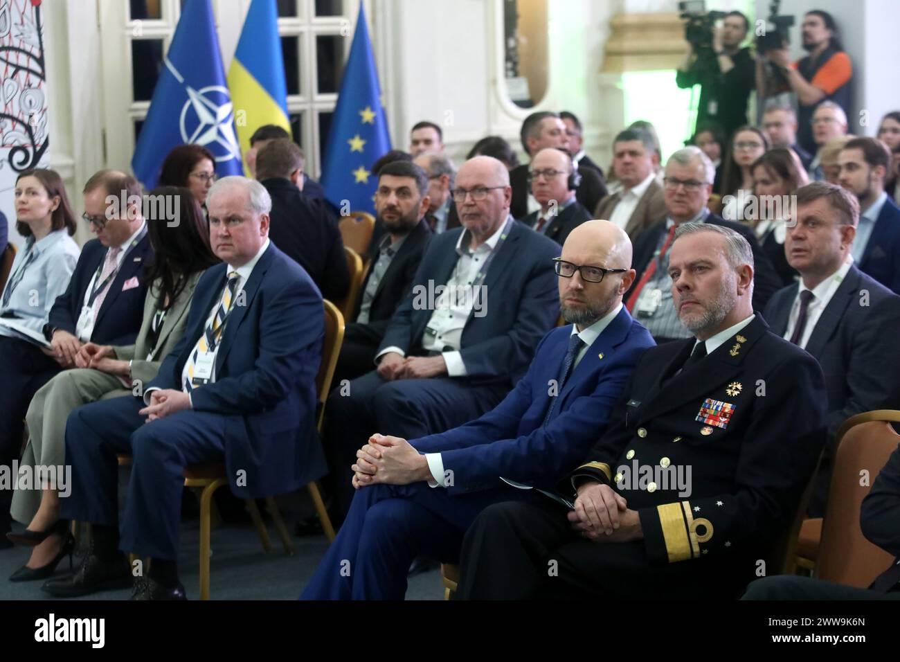 KYIV, UKRAINE - MARCH 21, 2024 - Chairman of the NATO Military Committee, Admiral Robert Bauer and Chairman of the Kyiv Security Forum, founder of the Open Ukraine Foundation, Prime Minister of Ukraine in 2014-2016 Arsenii Yatseniuk (R to L) attend the 16th annual Kyiv Security Forum organized to mobilize transatlantic support for Ukraine on the tenth anniversary of the signing of the political part of the Association Agreement between Ukraine and the European Union, Kyiv, capital of Ukraine. Stock Photo