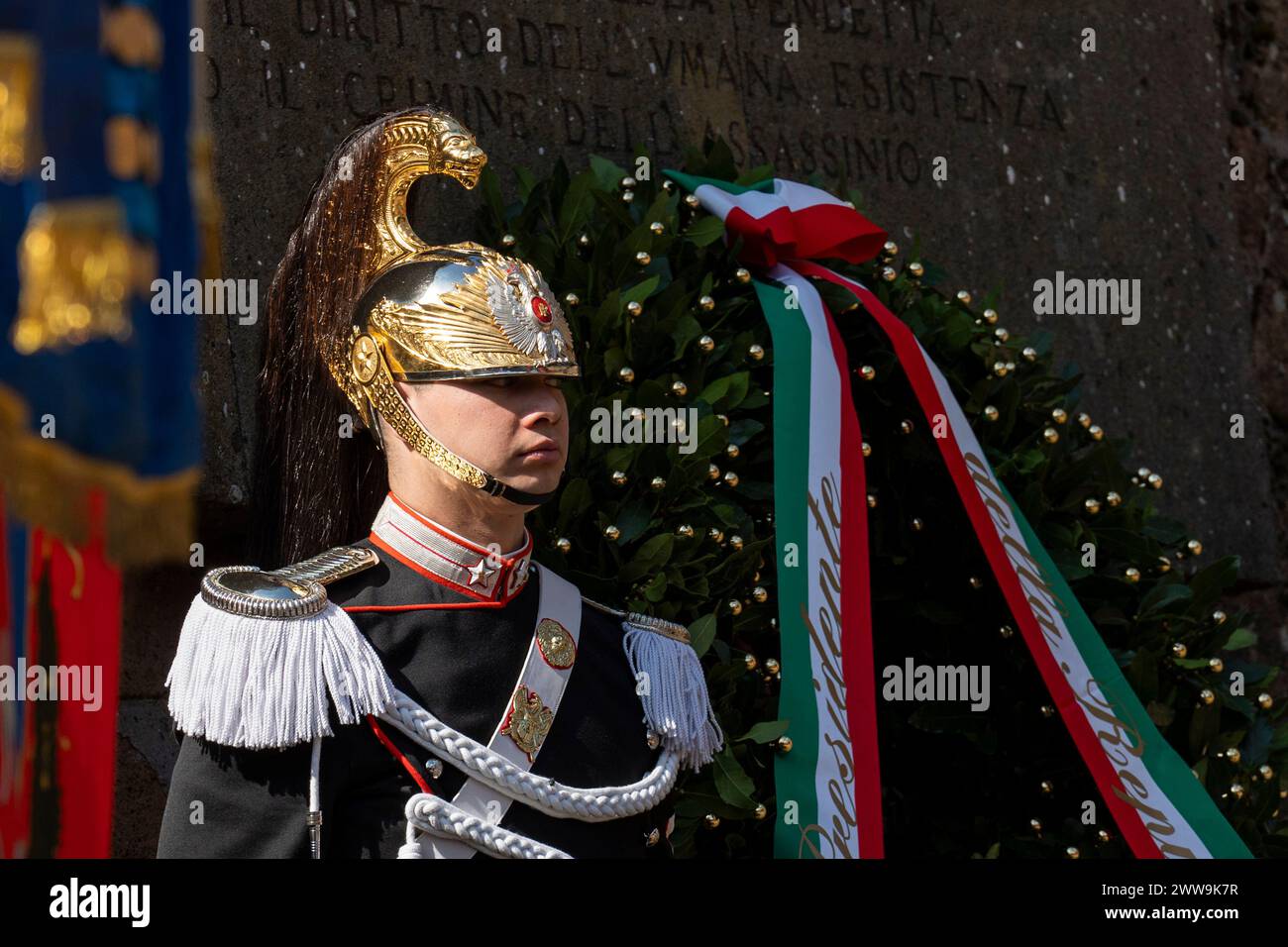 Members of the Corazzieri presidential guards, the Italian Corps of Cuirassiers, pay tribute to the graves of the victims of the Fosse Ardeatine massacre during the ceremony marking the 80th anniversary of the Fosse Ardeatine massacre. The Fosse Ardeatine mass killing of 335 civilians and political prisoners was carried out in this cave area in Rome on 24 March 1944 by German occupation troops during the Second World War as a reprisal for a partisan attack conducted on the previous day in central Rome against the SS Police Regiment Bozen. (Photo by Stefano Costantino/SOPA Images/Sipa USA) Stock Photo
