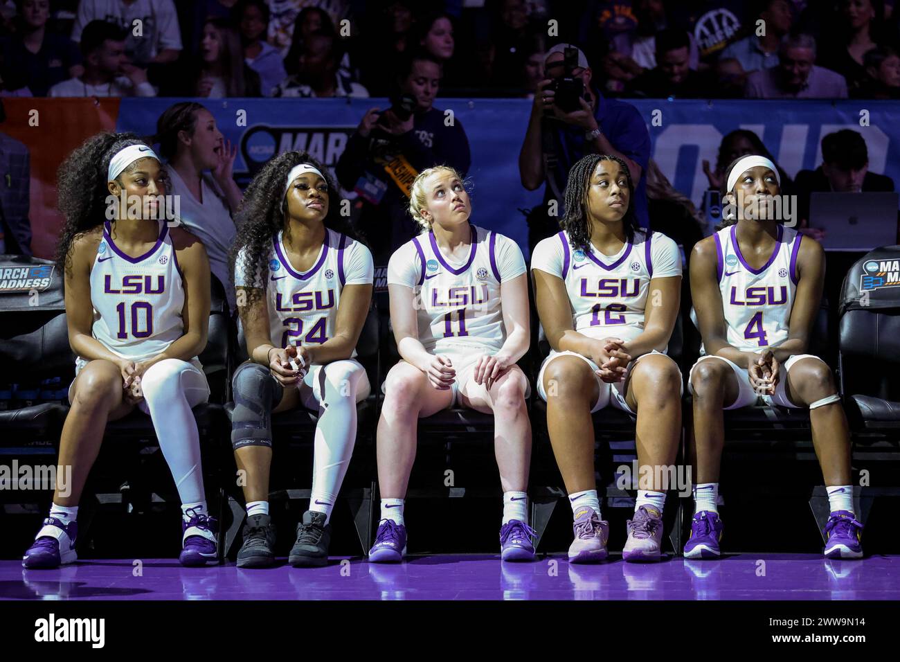 Baton Rouge, LA, USA. 22nd Mar, 2024. LSU starting five Angel Reese (10), Aneesah Morrow (24), Hailey Van Lith (11), Mikaylah Williams (12), and Flau'jae Johnson (4) wait to be introduced prior to first round action of the NCAA Women's March Madness Tournament between the Rice Owls and the LSU Tigers at the Pete Maravich Assembly Center in Baton Rouge, LA. Jonathan Mailhes/CSM/Alamy Live News Stock Photo