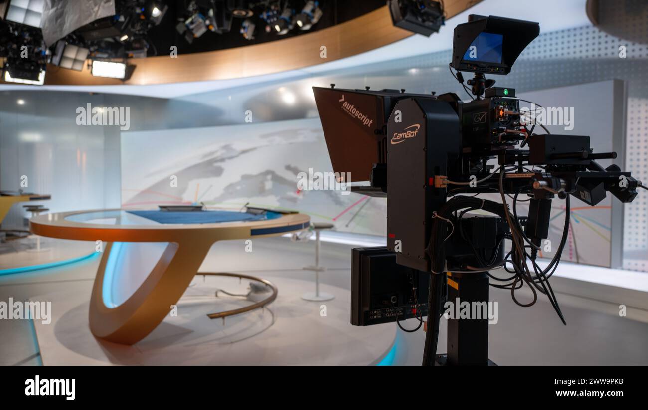 Berlin, Germany. 22nd Mar, 2024. View of the television studio in the capital city headquarters of the broadcaster Deutsche Welle. DW is a public-law institution and works in three media: television, radio and internet. Credit: Monika Skolimowska/dpa/Alamy Live News Stock Photo