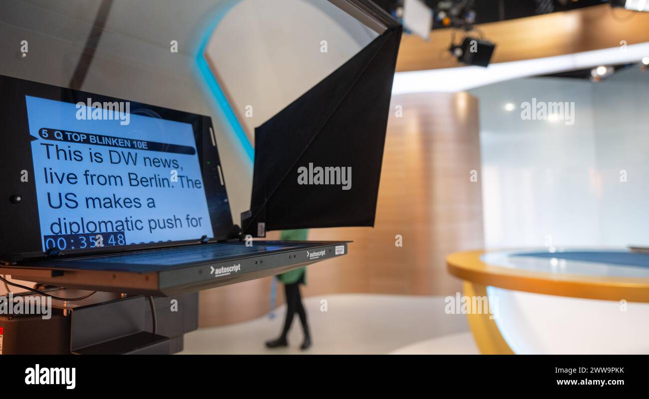 Berlin, Germany. 22nd Mar, 2024. A teleprompter stands in the television studio at the capital city headquarters of the broadcaster Deutsche Welle. DW is a public-law institution and works across three media: television, radio and the Internet. Credit: Monika Skolimowska/dpa/Alamy Live News Stock Photo