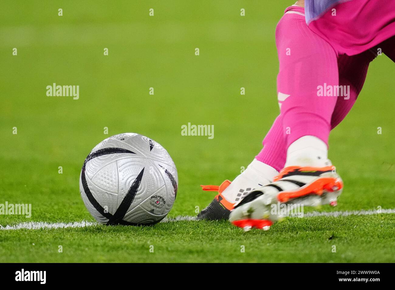 General view of the Adidas Roteiro match ball in action during an ...