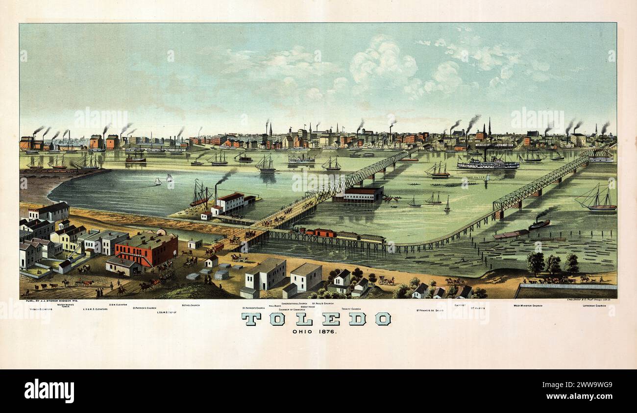 Vintage Lithography.  City View of Toledo, Ohio, USA, 1876 Stock Photo