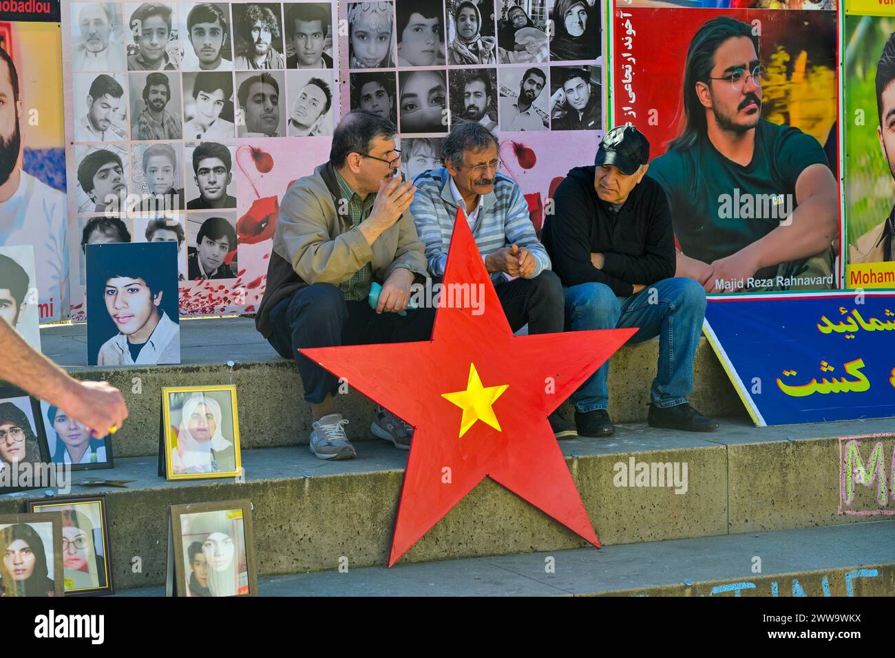 Iranian Fallen for Freedom Info installation denouncing Iranian killings, Vancouver, British Columbia, Canada Stock Photo