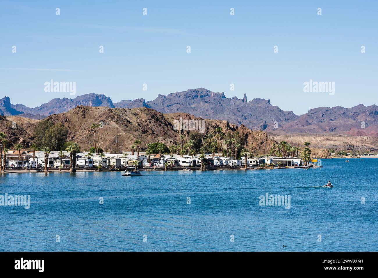 Campgrounds and resorts along the Colorado River below the Parker Dam.  California - Arizona border. Stock Photo