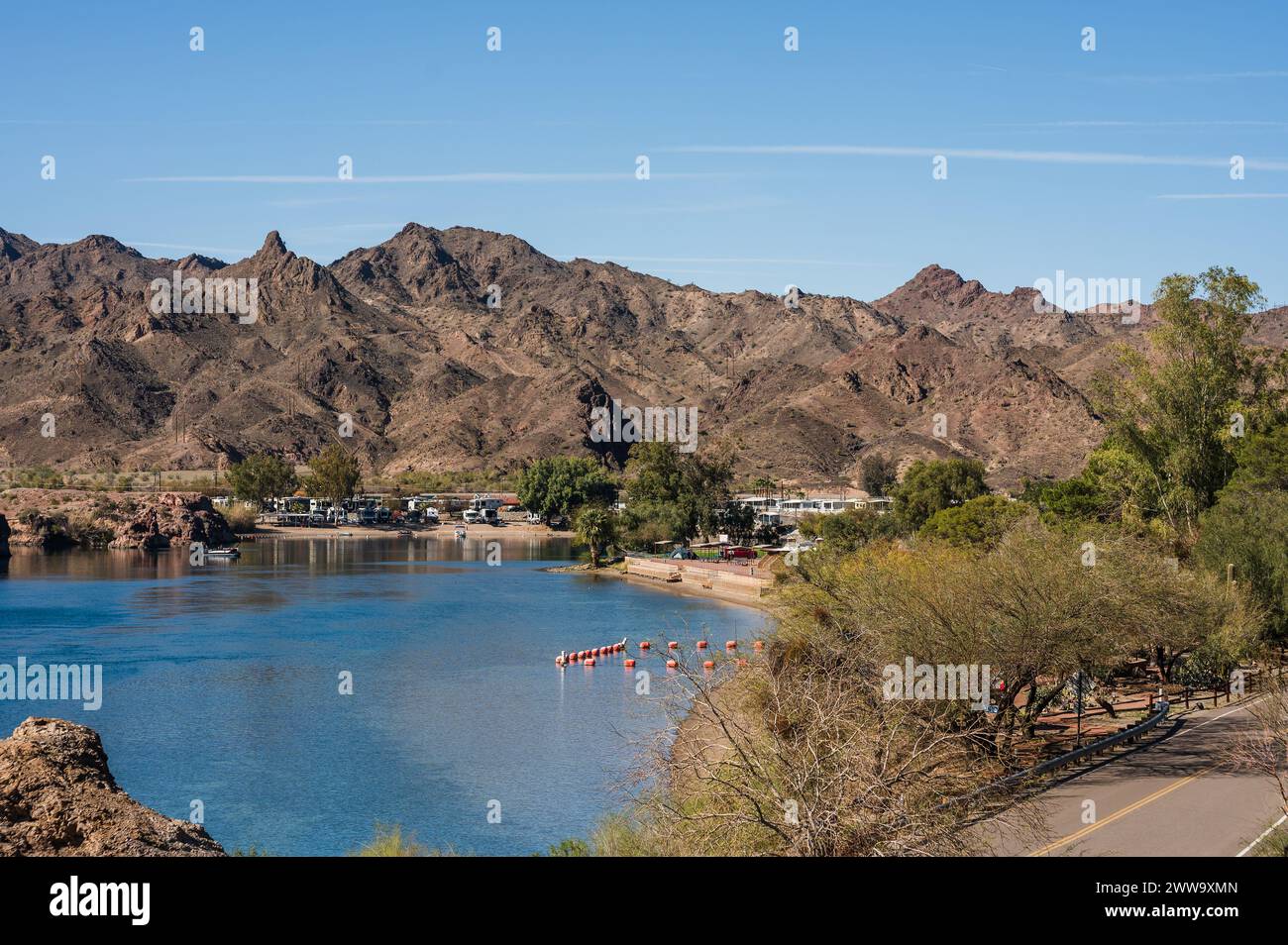 Campgrounds and resorts along the Colorado River below the Parker Dam.  California - Arizona border. Stock Photo