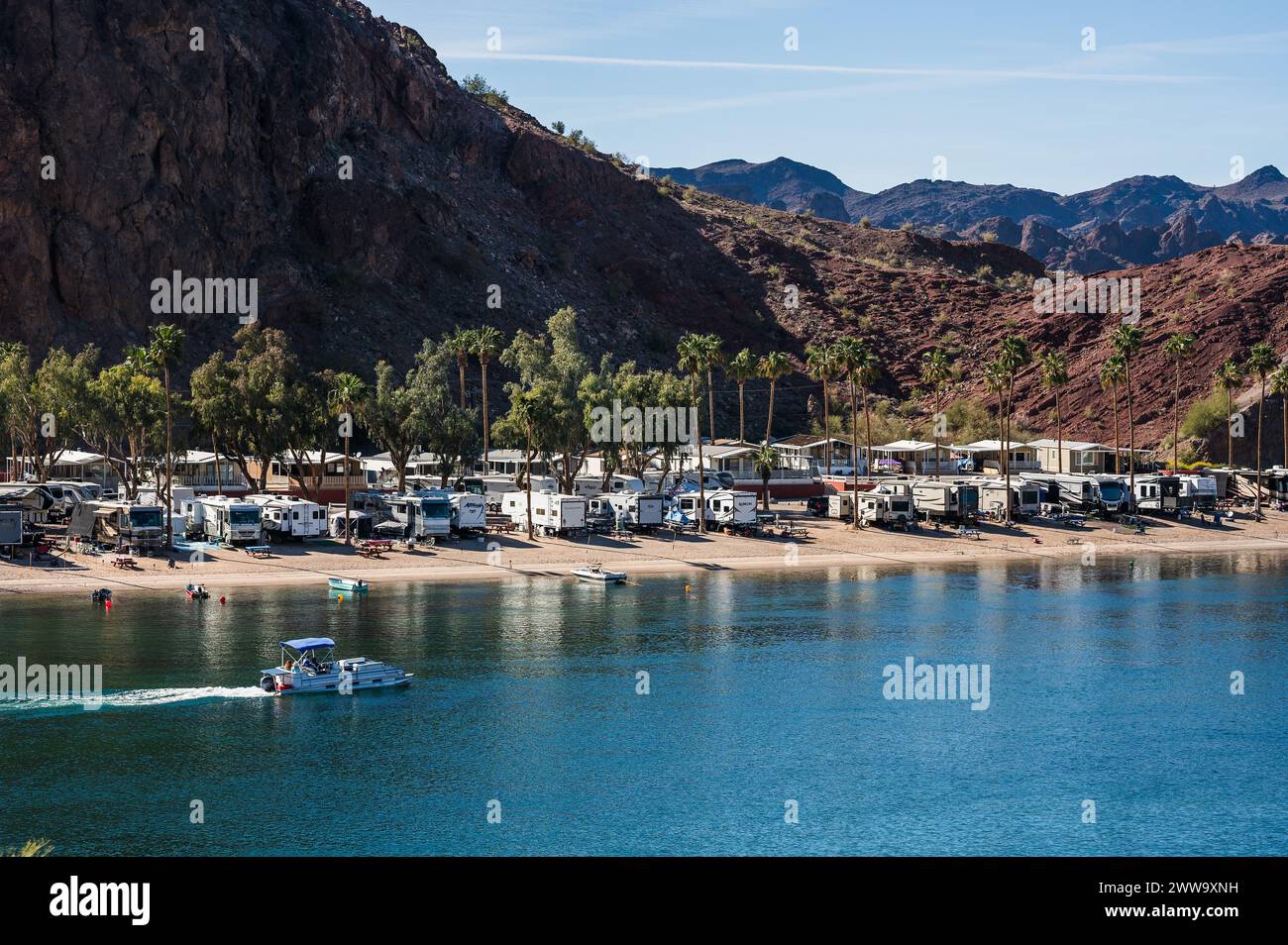 Campgrounds and resorts along the Colorado River below the Parker Dam.  California - Arizona border. Stock Photo