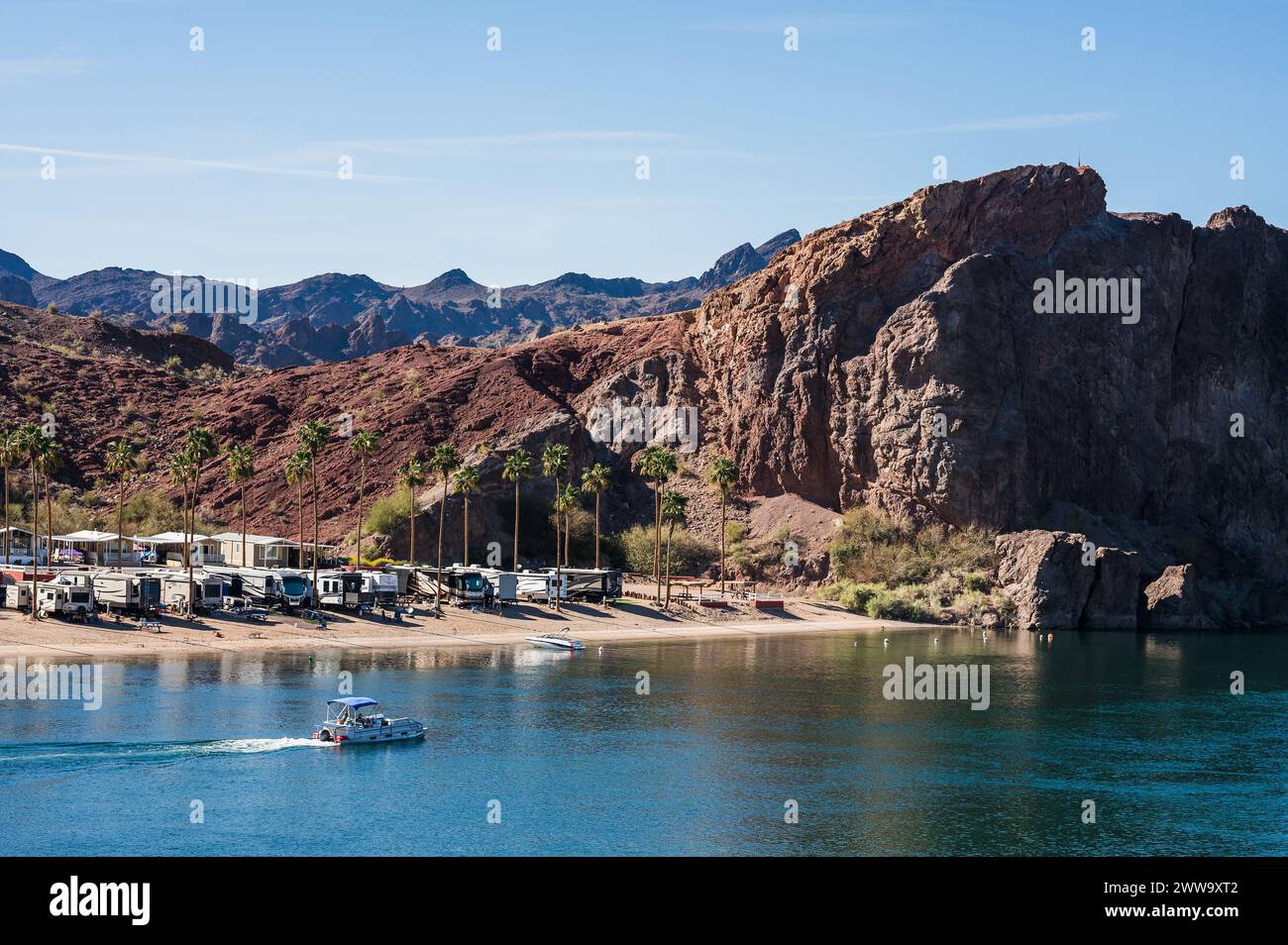 Campgrounds and resorts along the Colorado River below the Parker Dam.  California - Arizona border. Stock Photo