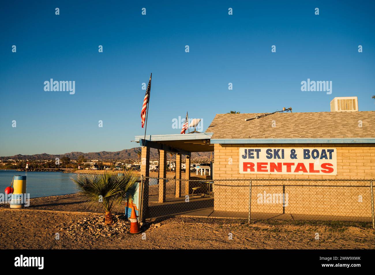 Jet ski and boat rental shop at a campground on the shore of Lake Havasu Arizona, USA. Stock Photo