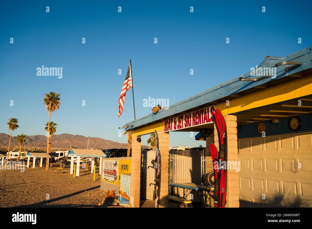 Jet ski and boat rental shop at a campground on the shore of Lake Havasu Arizona, USA. Stock Photo