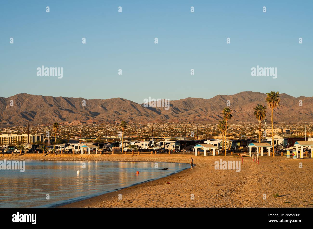 RV’s Motor Homes, and trailers parked at a campground on the shore of Lake Havasu Arizona, USA. Stock Photo