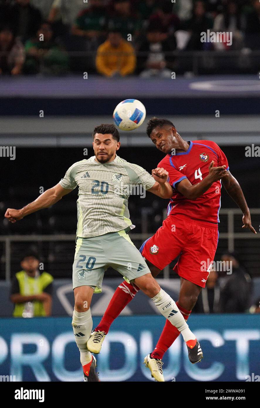 Arlington, United States. 21st Mar, 2024. March 21, 2024, Arlington, Texas: Mexico forward Henry Martin and Panama defender Fidel Escobar battle for the header during the 2024 CONCACAF Nations League Semifinals match between Mexico and Panama at AT&T Stadium. Final score Mexico 3-0 Panama. on March 21, 2024 in Arlington, Texas (Photo by Javier Vicencio/Eyepix Group/Sipa USA) Credit: Sipa USA/Alamy Live News Stock Photo