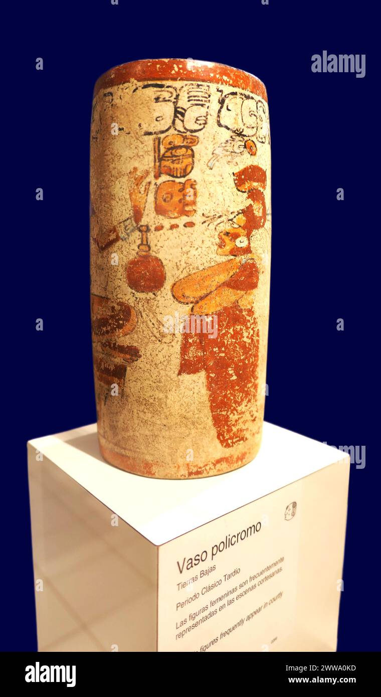 Late Classic (AD 600-900) Maya cylindrical polychrome vessels from Alta Verapaz, Guatemala in the Popul Vuh Museum, Guatemala City, Guatemala. Stock Photo