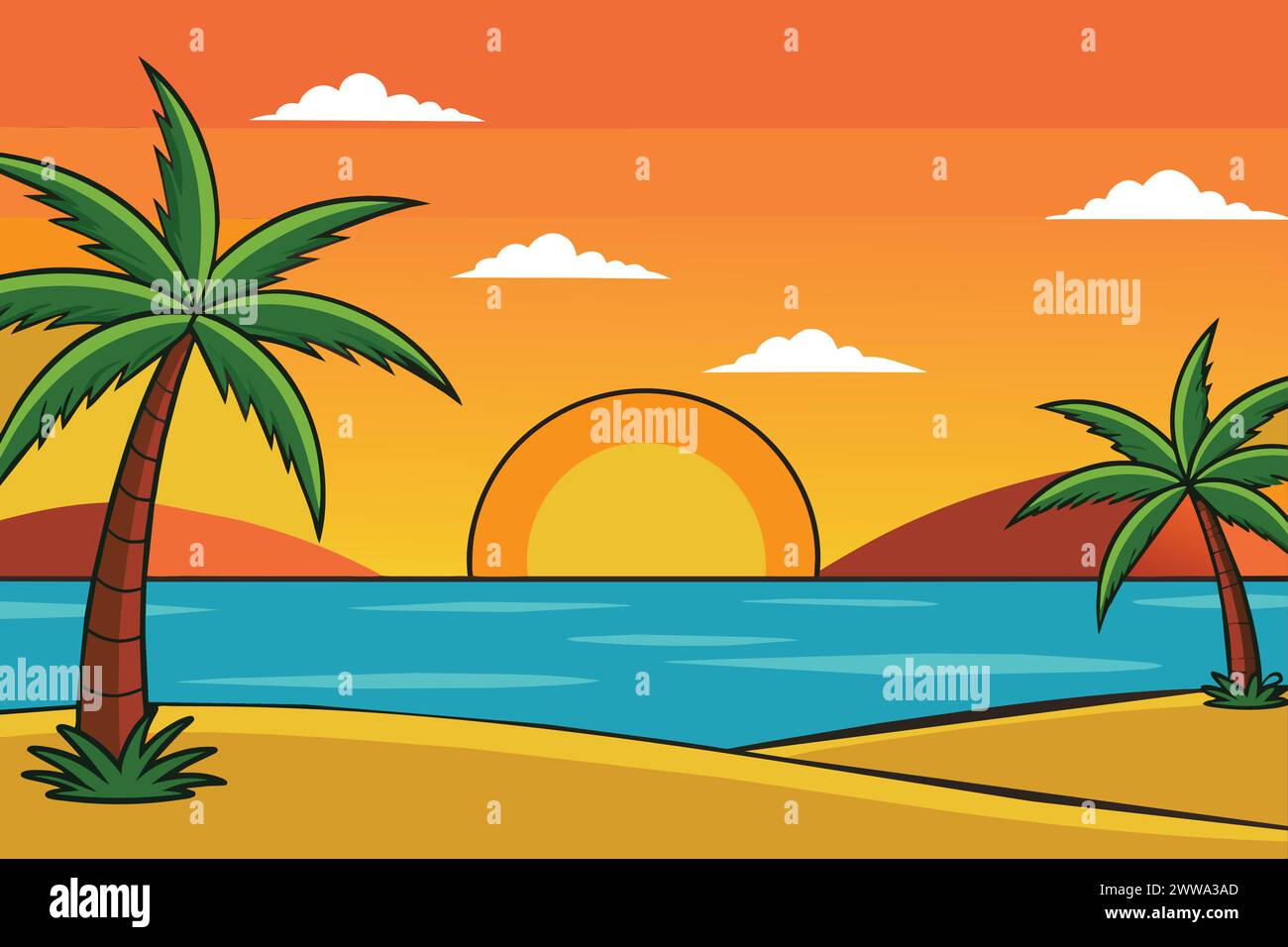 summer background with sunset and palm trees Stock Vector Image & Art ...
