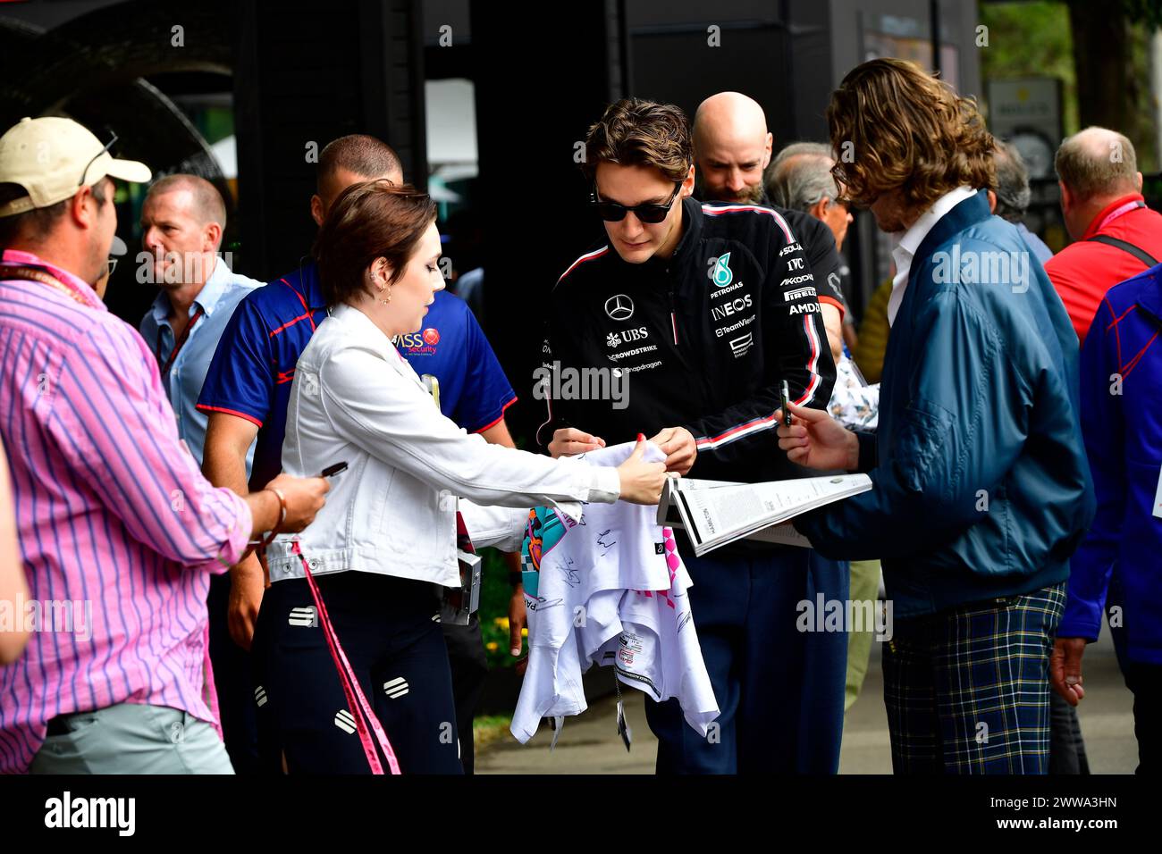 MELBOURNE, AUSTRALIA 25 February 2024. Pictured: 63 George Russell (GBR) Mercedes-AMG Petronas F1 Team in the paddock at the FIA Formula 1 Rolex Australian Grand Prix 2024 3rd round from 22nd to 24th March at the Albert Park Street Circuit, Melbourne, Australia. Credit: Karl Phillipson/Alamy Live News Stock Photo