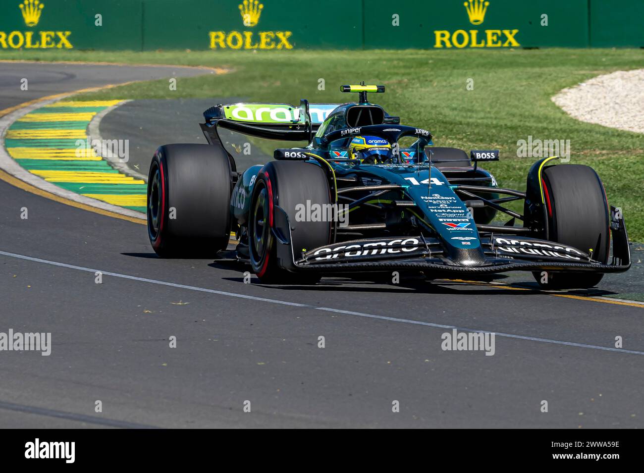 Melbourne, Australia, March 22, Fernando Alonso, from Spain competes for Aston Martin F1. Practice, round 03 of the 2024 Formula 1 championship. Credit: Michael Potts/Alamy Live News Stock Photo