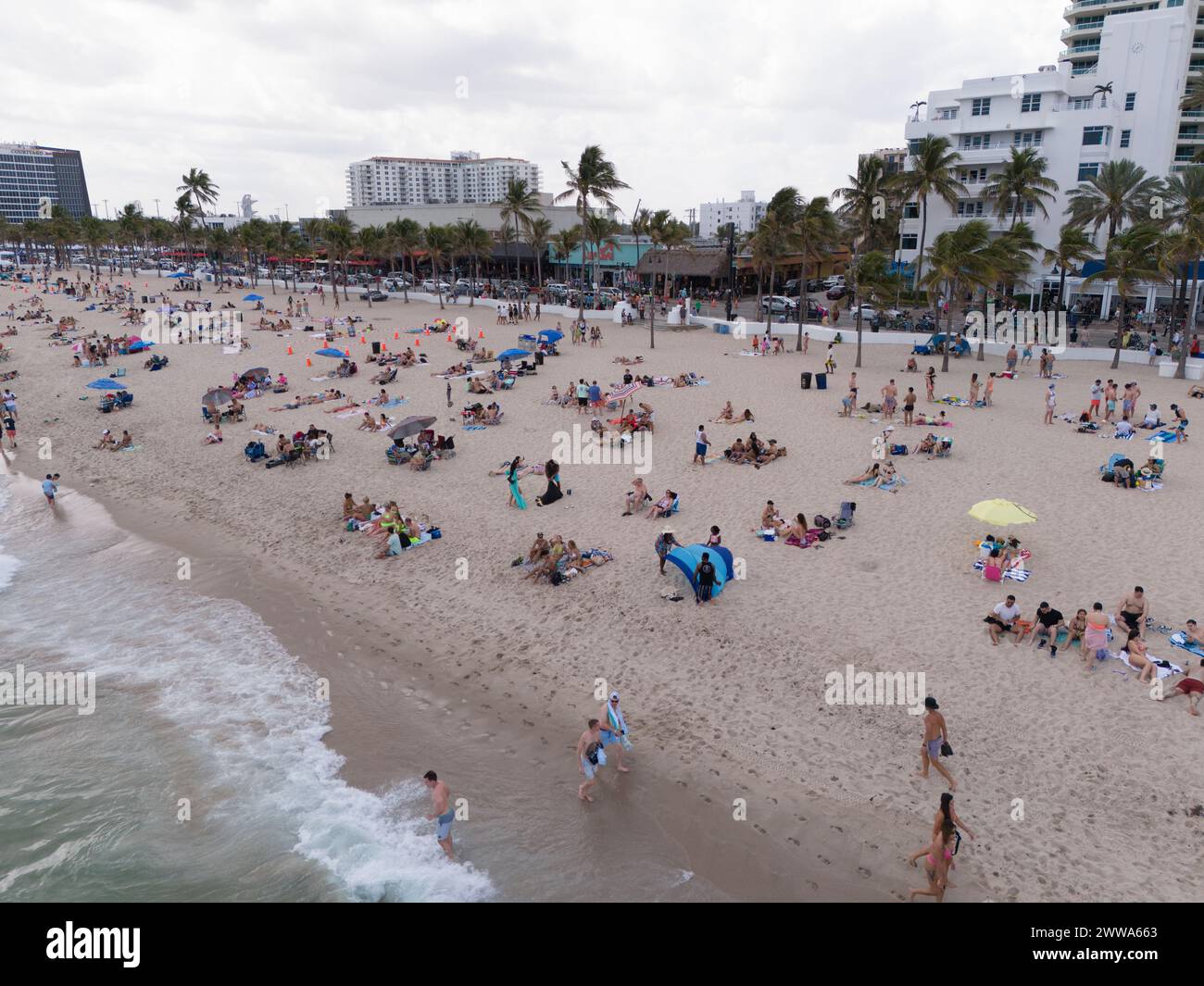 Fort Lauderdale, FL, USA March 17, 2024 Aerial closeup of busy Spring Break on Fort