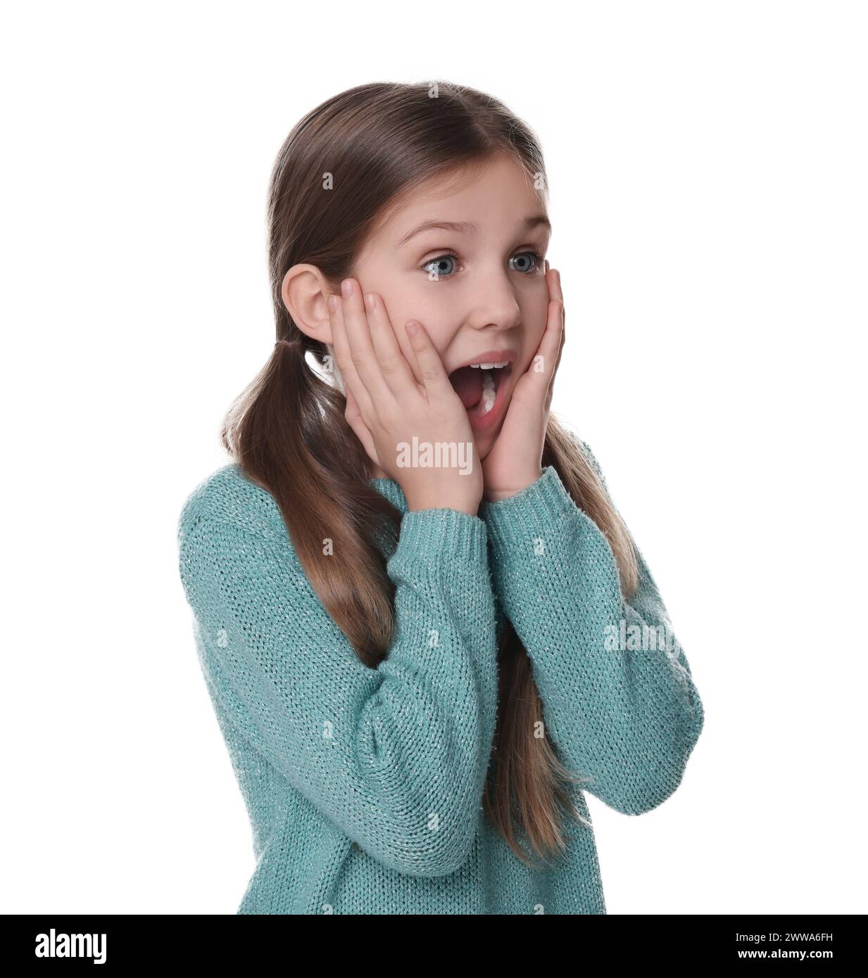 Portrait of surprised girl on white background Stock Photo - Alamy