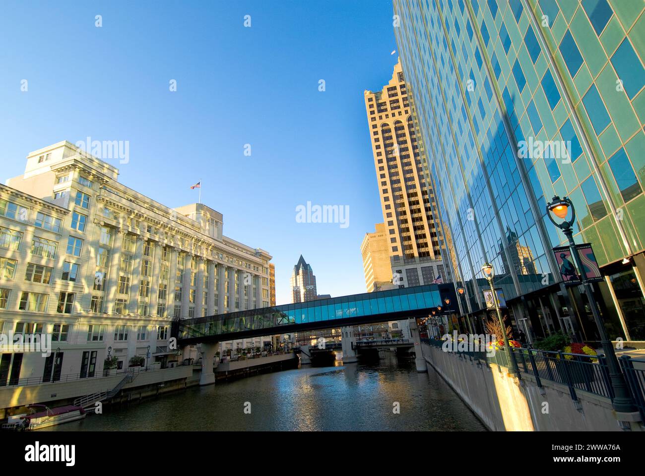 Milwaukee River and Riverwalk in the historical city center with it's