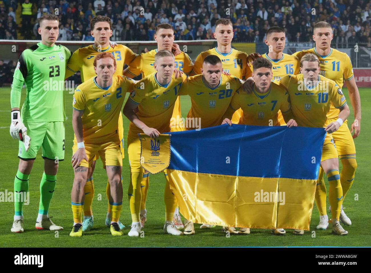 Zenica, Bosnia and Herzegovina. 22nd Mar, 2024. Players of Ukraine line up for a group photo before during the UEFA Euro 2024 Qualifier match between Bosnia and Herzegovina and Ukraine in Zenica, Bosnia and Herzegovina, March 22, 2024. Credit: Jasmin Brutus/Xinhua/Alamy Live News Stock Photo