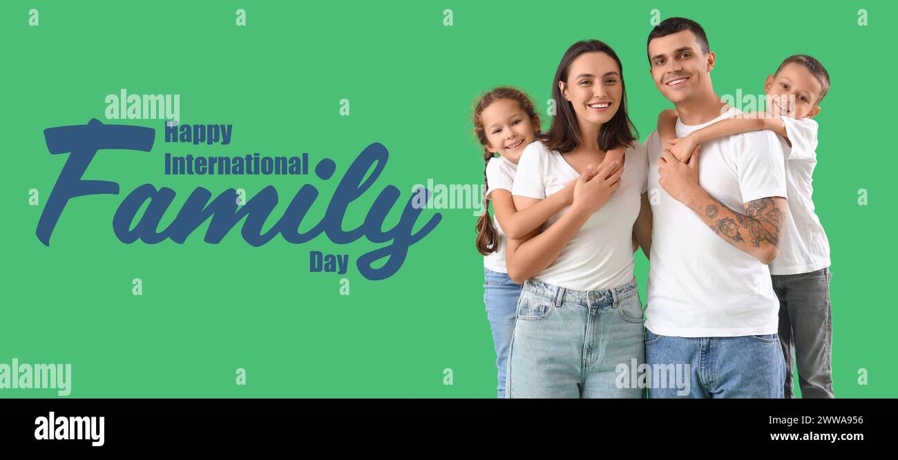 Banner for Happy International Family Day with young parents and their children Stock Photo