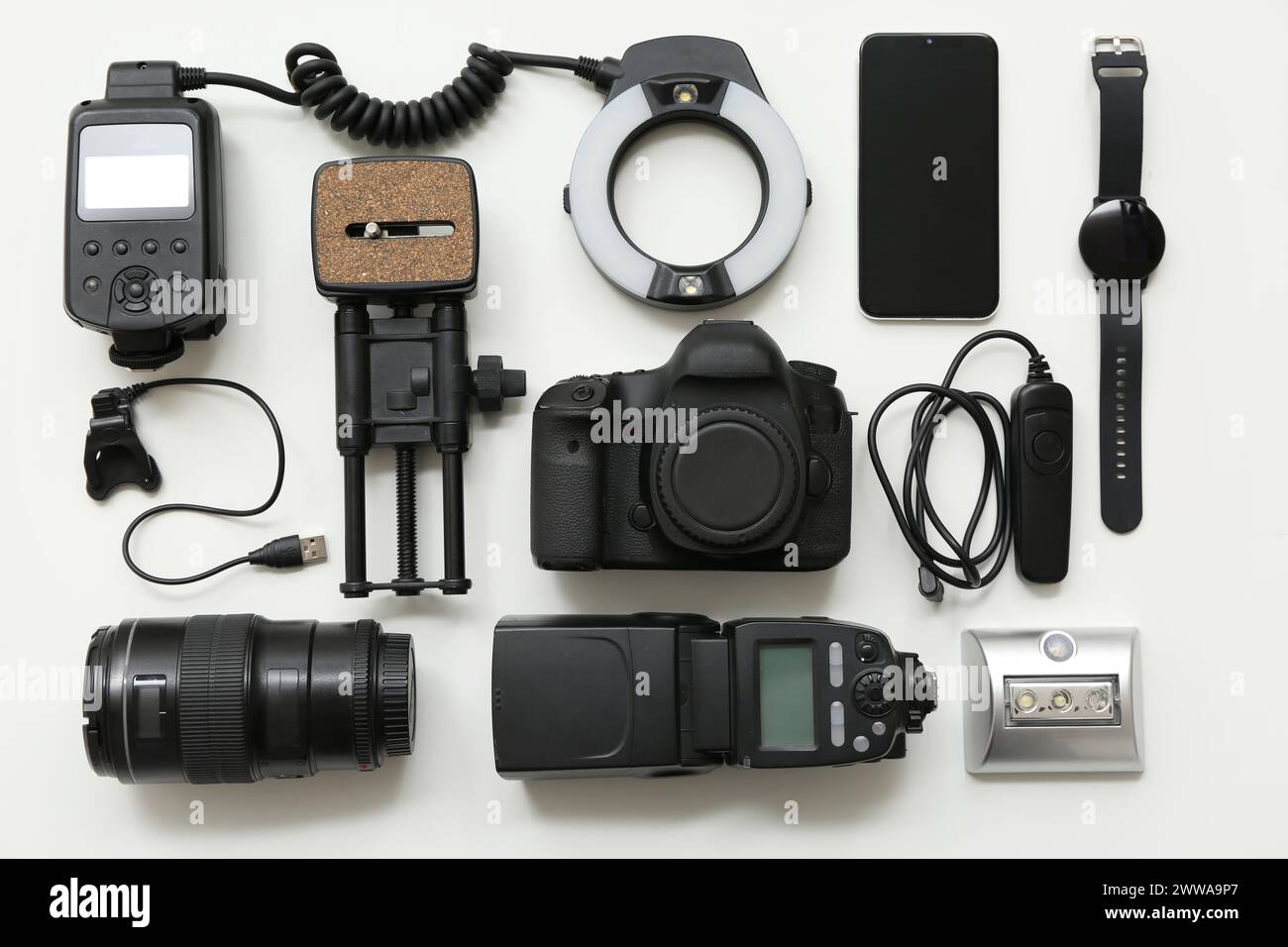 Composition with different modern gadgets on light background Stock Photo