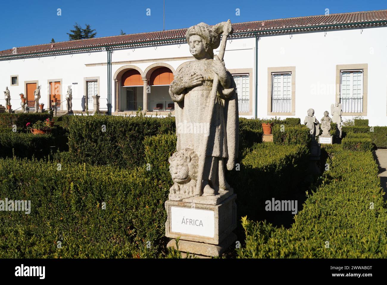 Africa, allegoric sculptures in the Garden of the Episcopal Palace, Baroque manicured garden with sculptures and fountains, Castelo Branco, Portugal Stock Photo