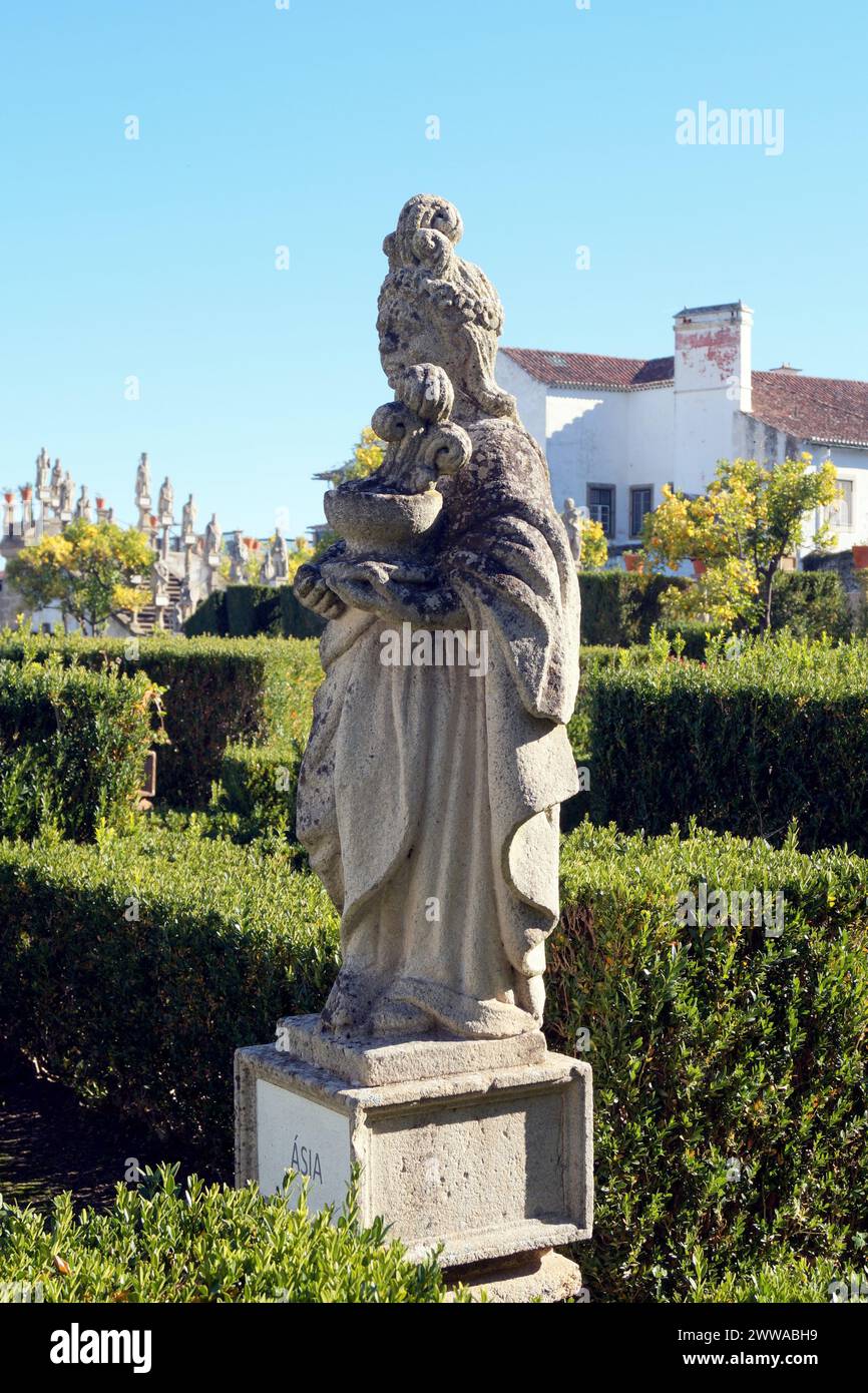 Asia, allegoric sculptures in the Garden of the Episcopal Palace, Baroque manicured garden with sculptures and fountains, Castelo Branco, Portugal Stock Photo