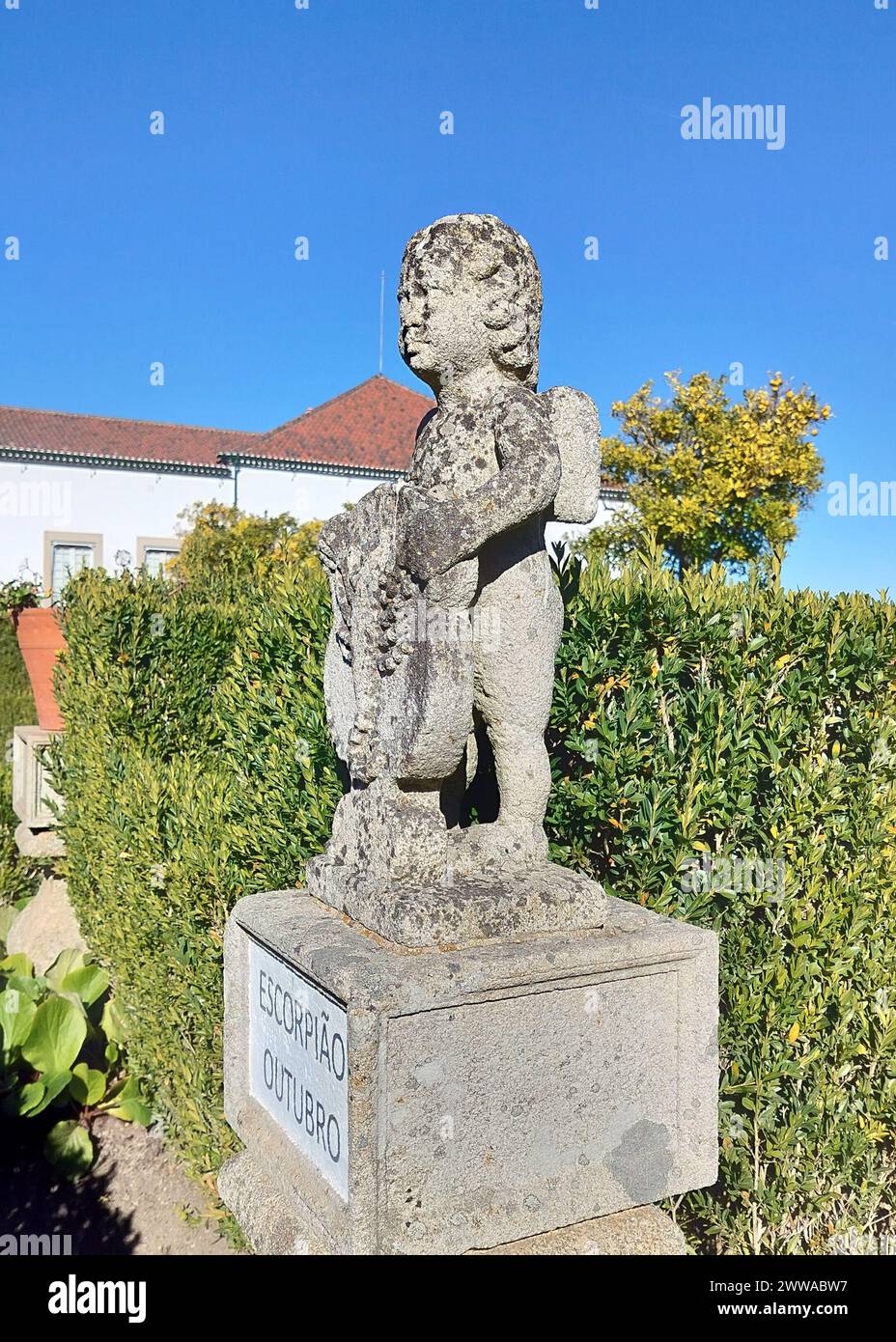 Allegoric sculpture symbolizing Scorpio sign of Zodiac, in the Garden of the Episcopal Palace, Baroque manicured garden, Castelo Branco, Portugal Stock Photo