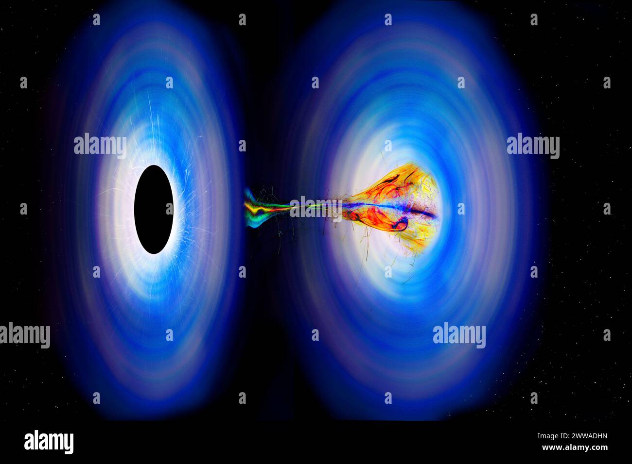 Conceptual illustration depicting matter transitioning from a black hole to a white hole. Stock Photo
