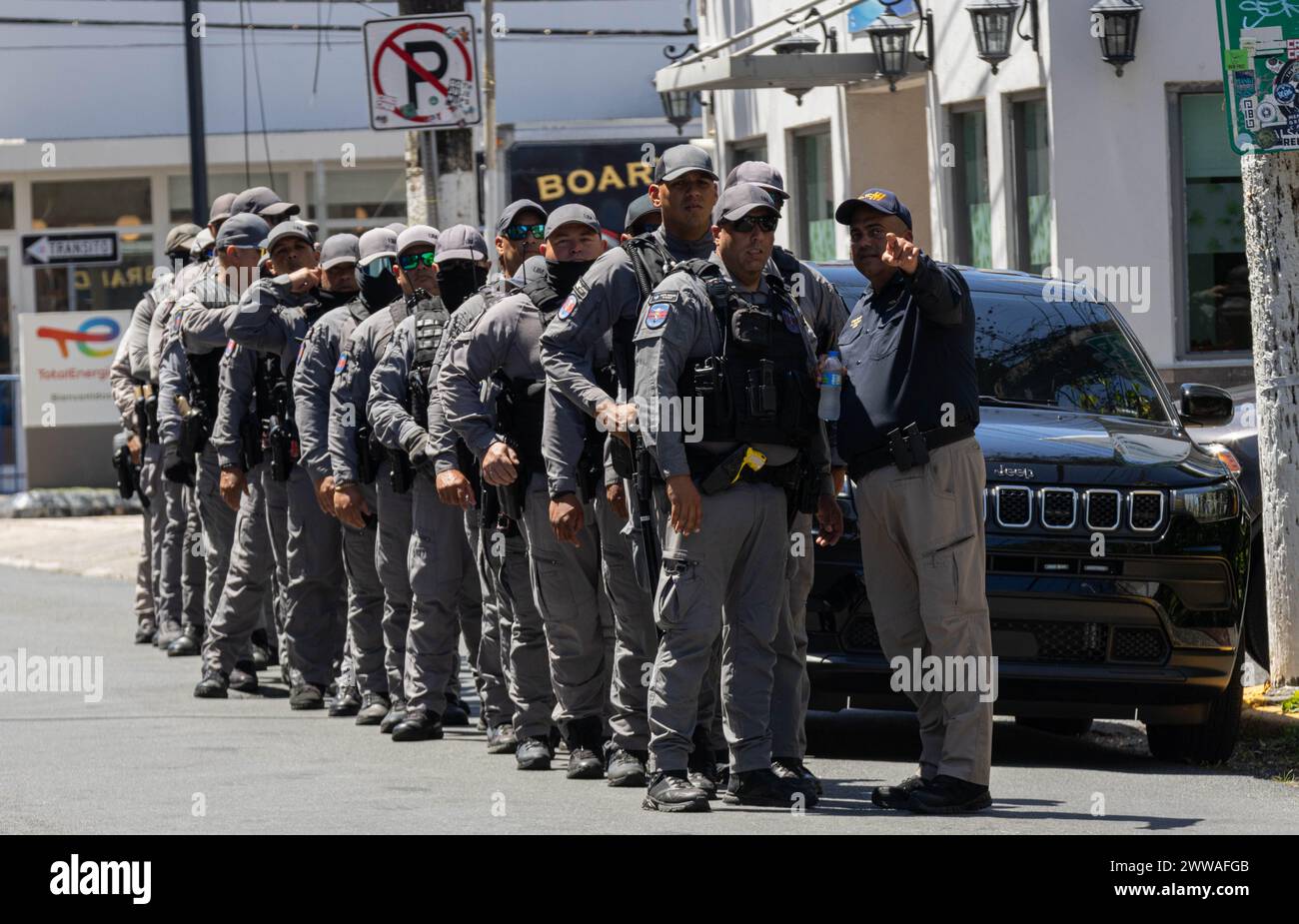 San Juan, USA. 22nd Mar, 2024. Puerto Rico Police begin to line up to provide extra security during Vice President Kamala Harris's visit to La Goyco, a community center in San Juan, Puerto Rico, where she was set to speak on Friday, March 22, 2024. (Photo by Carlos Berríos Polanco/Sipa USA) Credit: Sipa USA/Alamy Live News Stock Photo