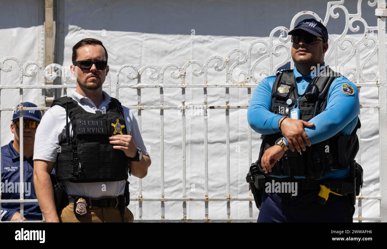 San Juan, USA. 22nd Mar, 2024. Secret Service and Puerto Rico Police personnel stand guard moments before Vice President Kamala Harris visits La Goyco, a community center in San Juan, Puerto Rico on Friday, March 22, 2024. (Photo by Carlos Berríos Polanco/Sipa USA) Credit: Sipa USA/Alamy Live News Stock Photo