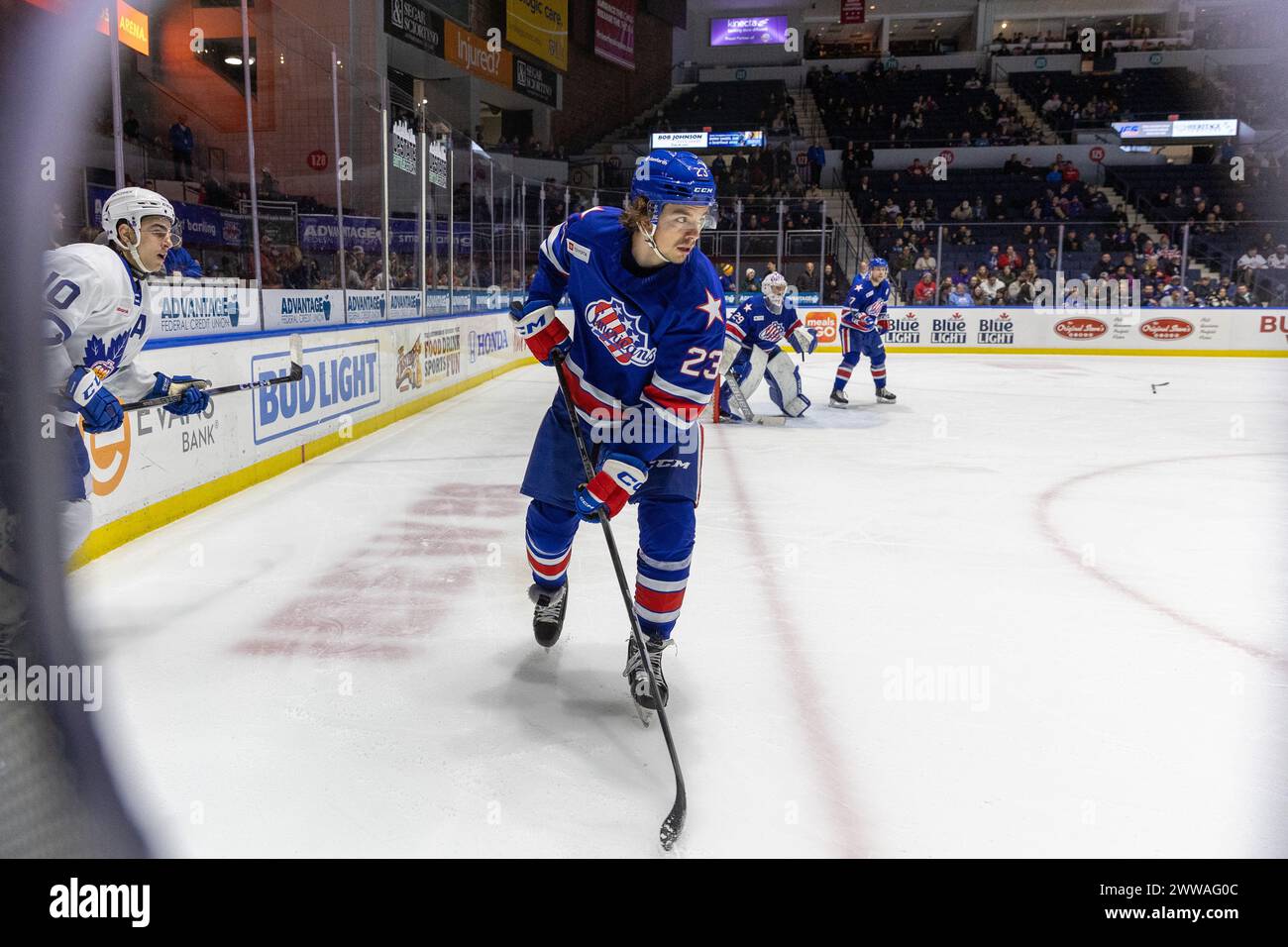 March 22nd, 2024: Rochester Americans defenseman Ryan Johnson (23) skates in the first period in a game against the Toronto Marlies. The Rochester Americans hosted the Toronto Marlies in an American Hockey League game at Blue Cross Arena in Rochester, New York. (Jonathan Tenca/CSM) Stock Photo