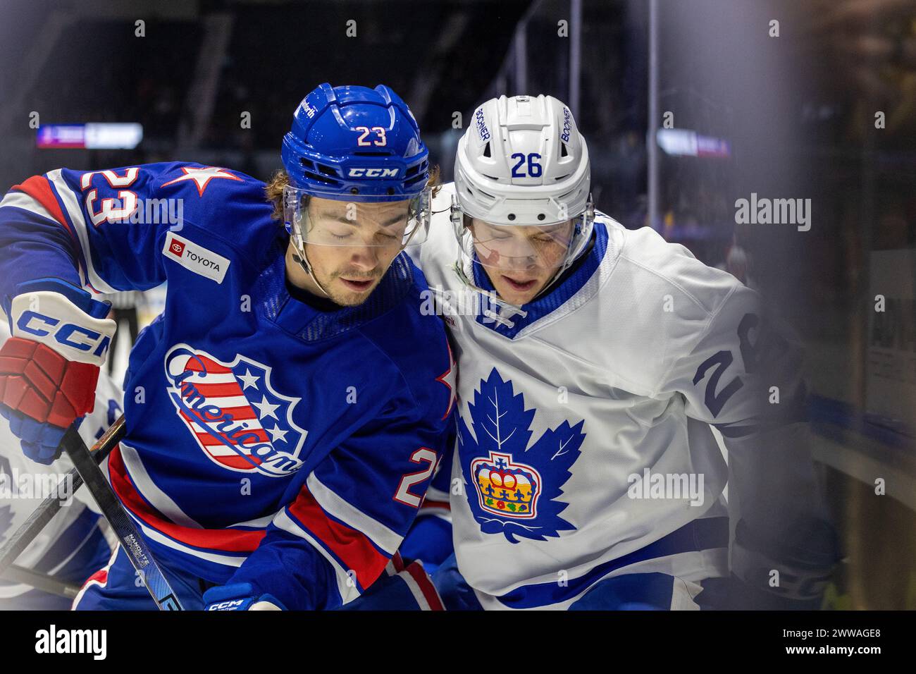 March 22nd, 2024: Toronto Marlies forward Nick Abruzzese (23) battles with Rochester Americans defenseman Ryan Johnson (23) in the third period. The Rochester Americans hosted the Toronto Marlies in an American Hockey League game at Blue Cross Arena in Rochester, New York. (Jonathan Tenca/CSM) Stock Photo