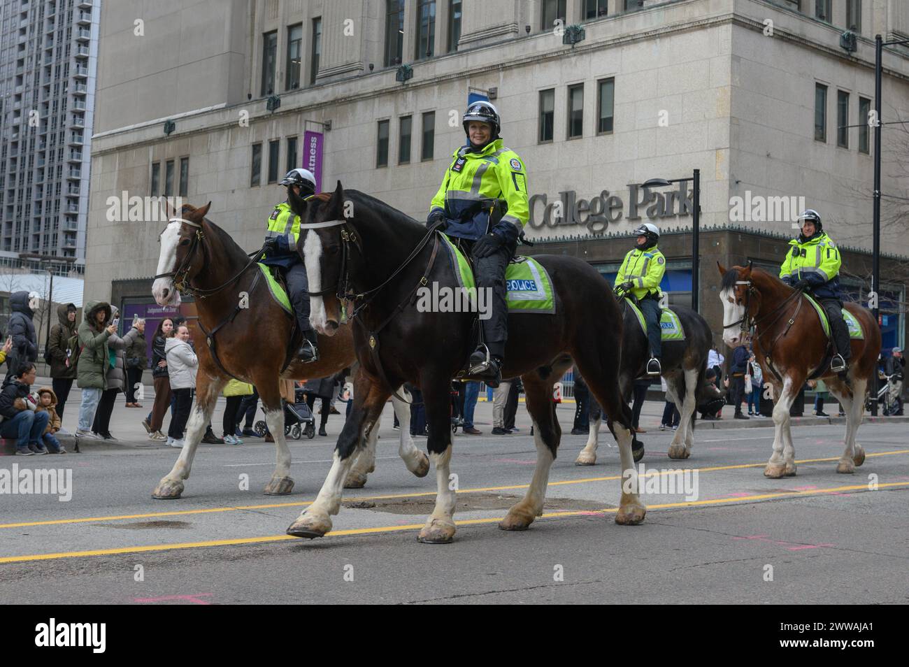 Toronto, ON, Canada - March 17, 2024: Mounted police patrol the streets of Toronto Stock Photo