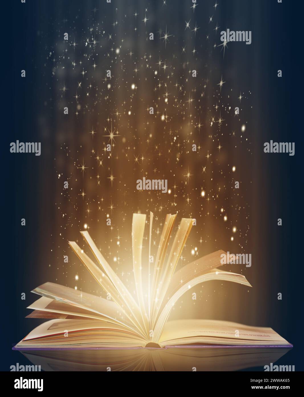 Book, fairytale and pages for read and story with lights, glowing and ...