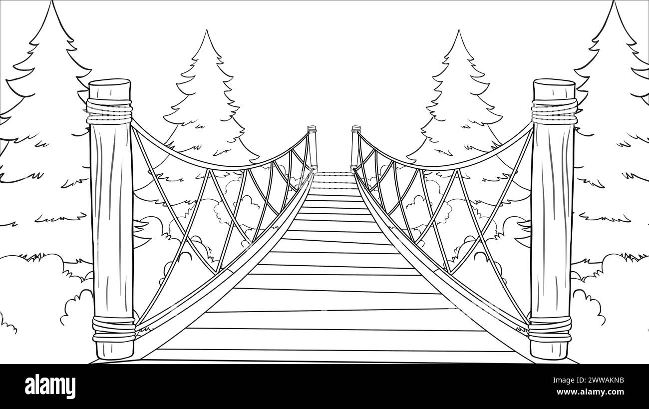 Black and white drawing of a bridge in a forest Stock Vector