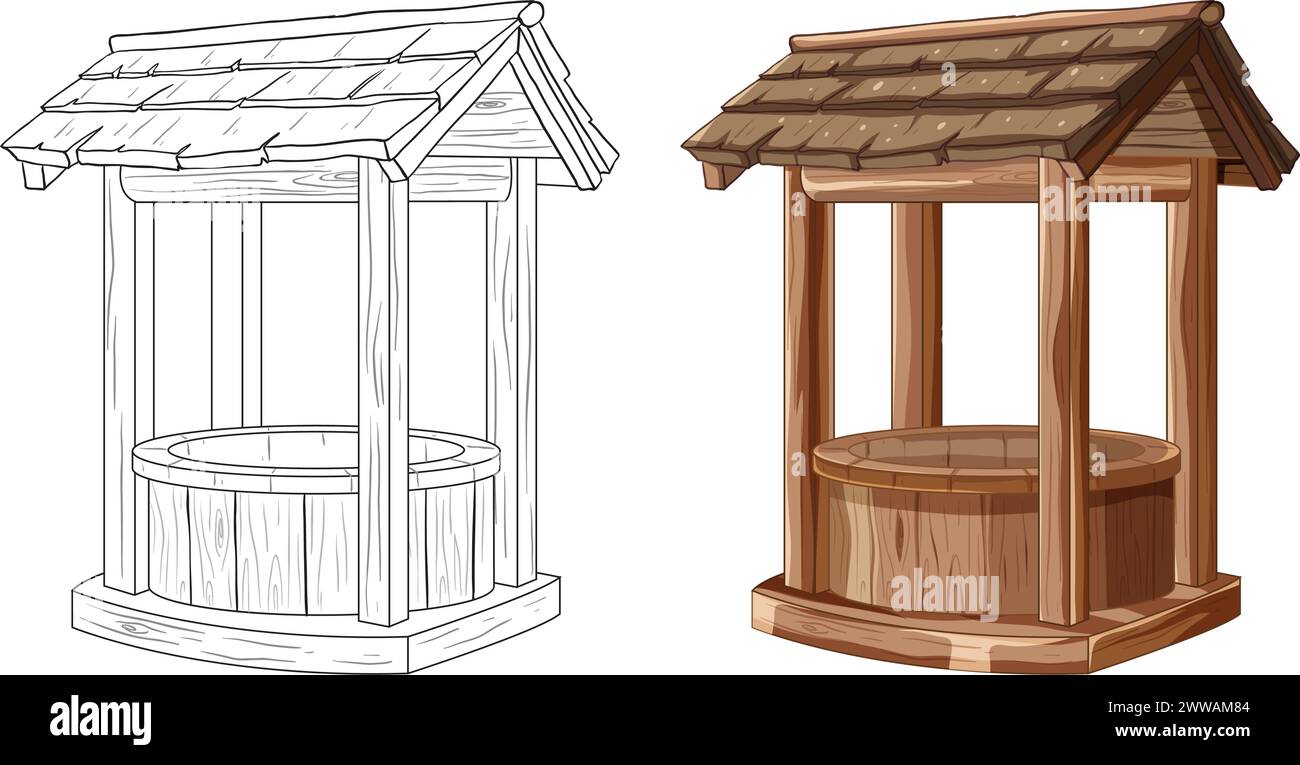Two styles of wooden wells, one colored and one outlined Stock Vector ...
