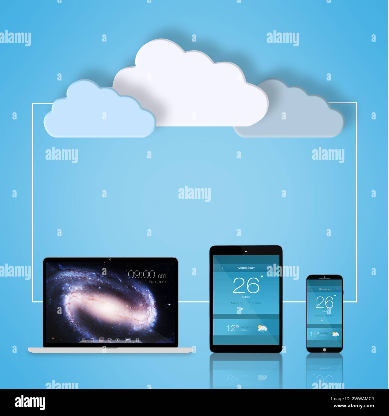 Devices, cloud computing and network for connection with gadgets for data storage or database and software update. Wallpaper, technology and Stock Photo