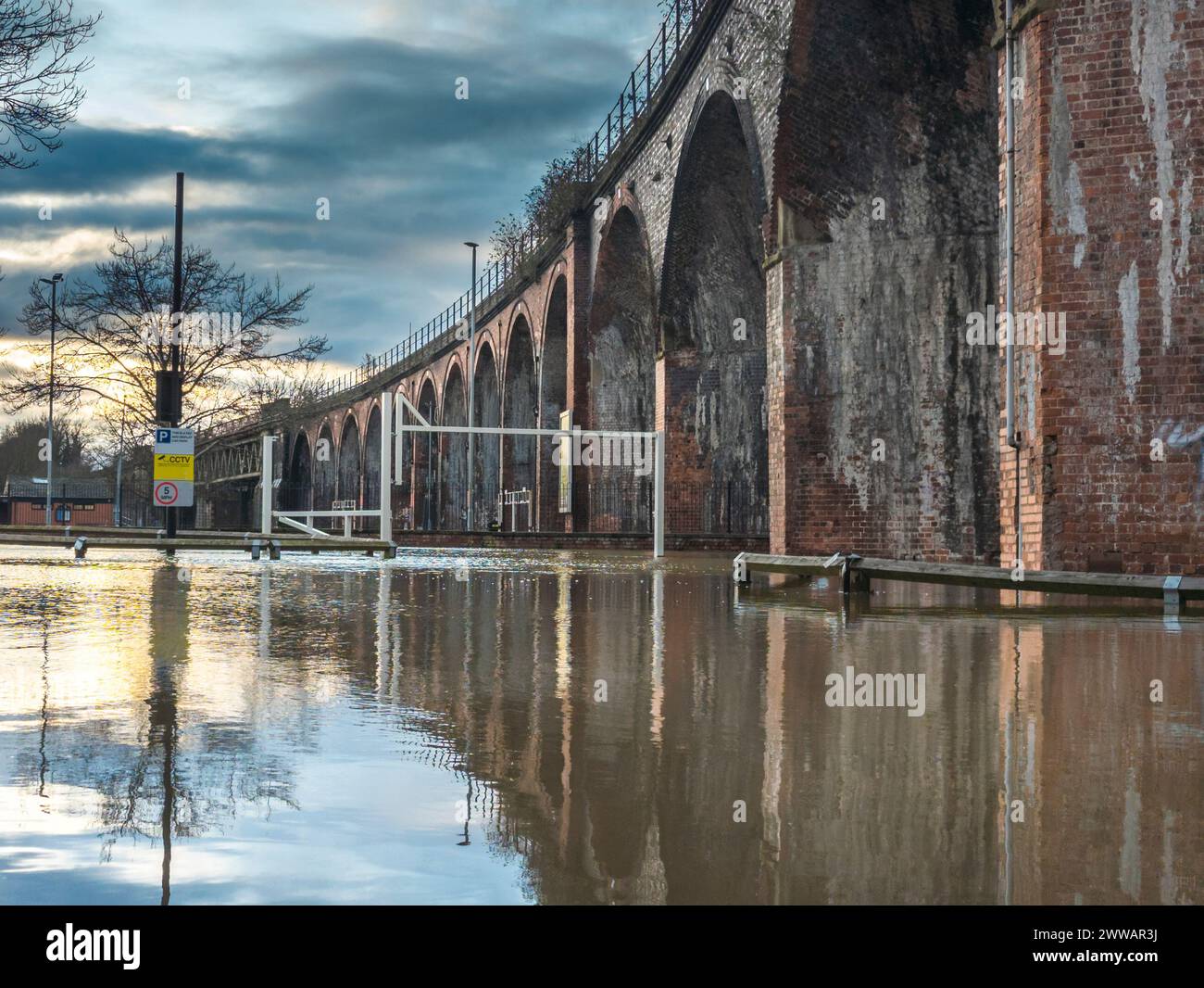 Extreme weather conditions,cause extensive flooding,the Victorian rail viaduct overhead in previously dry areas,roads cut off,flooded fields and highw Stock Photo