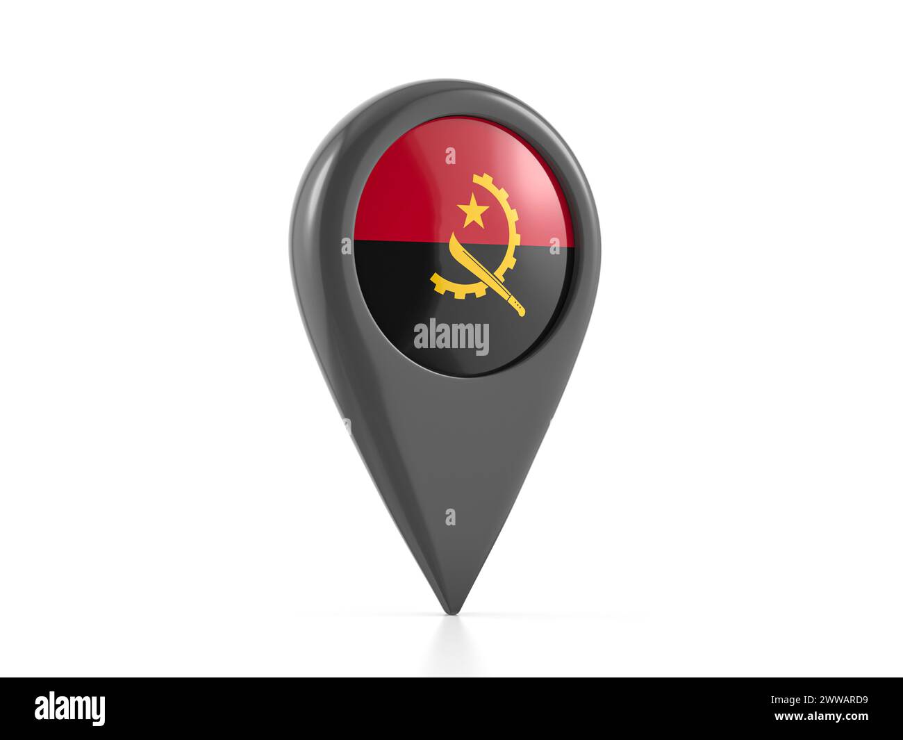 Map marker with Angola flag on a white background. 3d illustration. Stock Photo