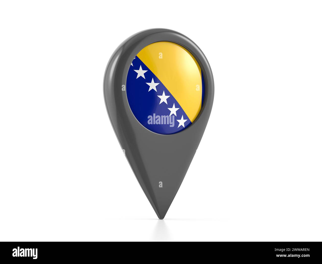 Map marker with Bosnia flag on a white background. 3d illustration. Stock Photo